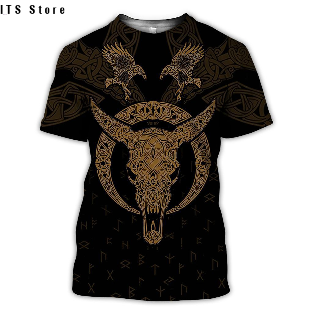 European and American large size Viking printed men's T-shirt 3dt-shirt digital printed Viking tattoo short sleeves