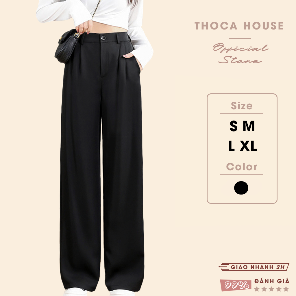 Quần tây nữ ống suông lưng thun sau trơn đen THOCA HOUSE quần ống rộng tôn dáng thoải mái công sở