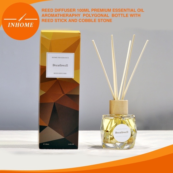Breathwell Reed Diffuser 100ML Premium Essential Oil Aromatherapy Polygonal Bottle with Reed Stick and Cobblestone Singapore
