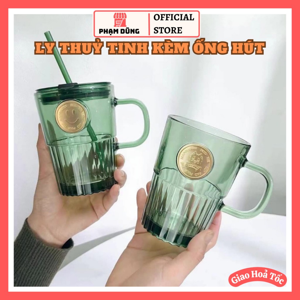 Ly thủy tinh có nắp chống đổ kèm ống hút thủy tinh , cốc thủy tinh quai xanh xinh xắn