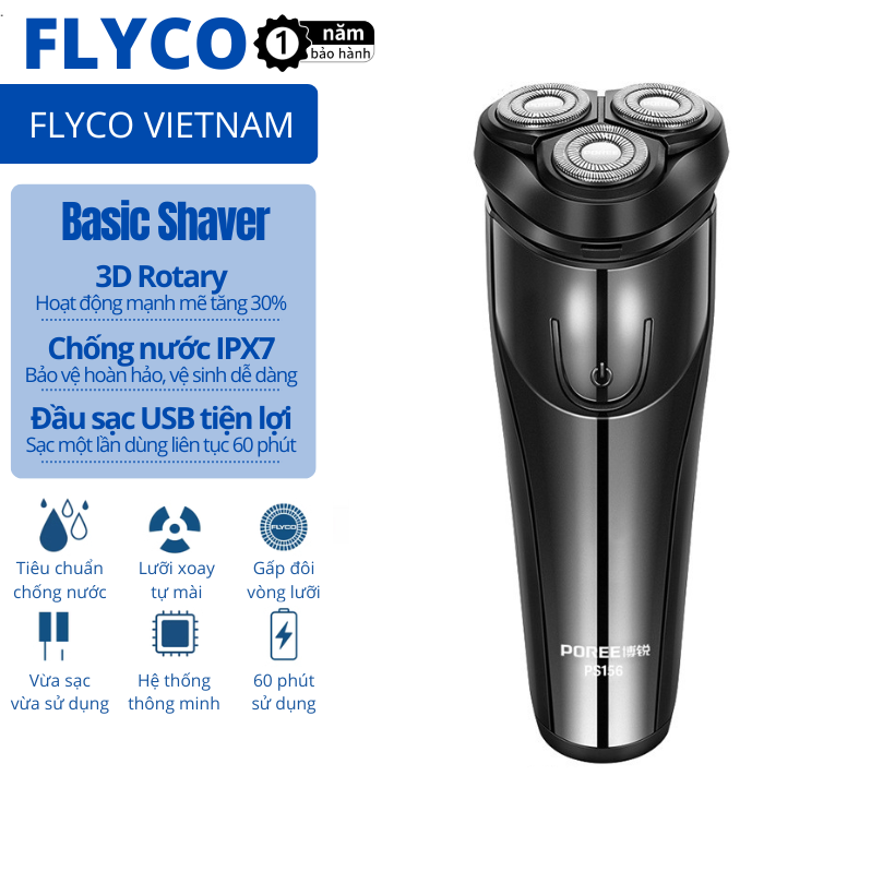 Flyco Máy Cạo Râu Nam Lưỡi Dao 3 Đầu 3D Cạo Khô và Ướt Đa Năng Thông Minh