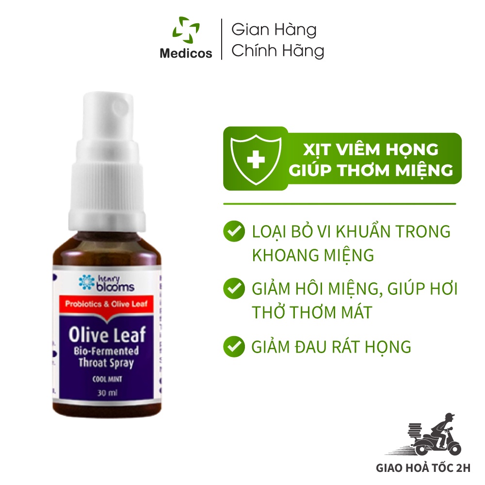 Xịt Viêm Họng, Thơm Miệng Henry Blooms Olive Leaf Bio Fermented Throat Spray 30ml