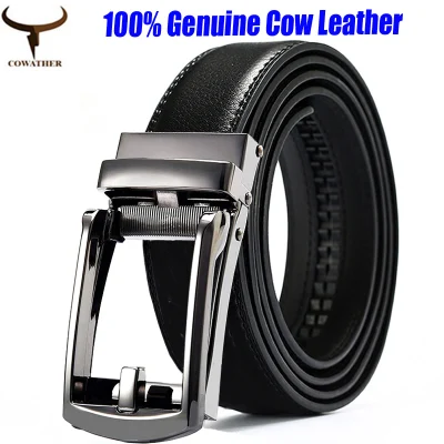 COWATHER Men Genuine Leather Dress Casual Belts, Slide Ratchet Click Leather Belt for Men Pant Shirt Genuine Leather,Trim To Fit