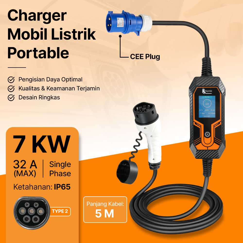 Feyree Charger Mobil Listrik EV 1-Phase 32A 7KW CEE to Type 2 - IEC-62196 Harga 2,689,820 rupiah*Gratis Ongkir
