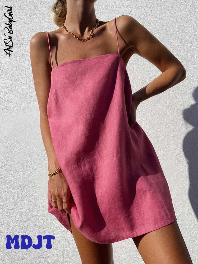 [MDJT] Linen Dress Spaghetti Strapless Dress Sqare Neck Sleeveless Dress Sxey Backless Mini Solid Loose Dress Summer Woman Beach Dress