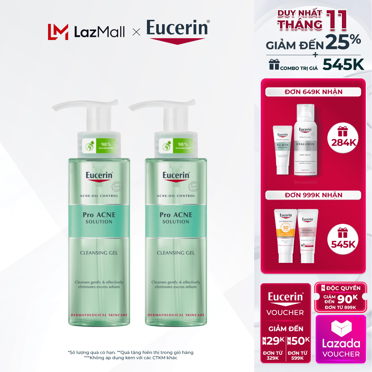 Bộ đôi Gel Rửa Mặt Cho Da Nhờn Mụn Eucerin Pro Acne Cleansing Gel 200ml