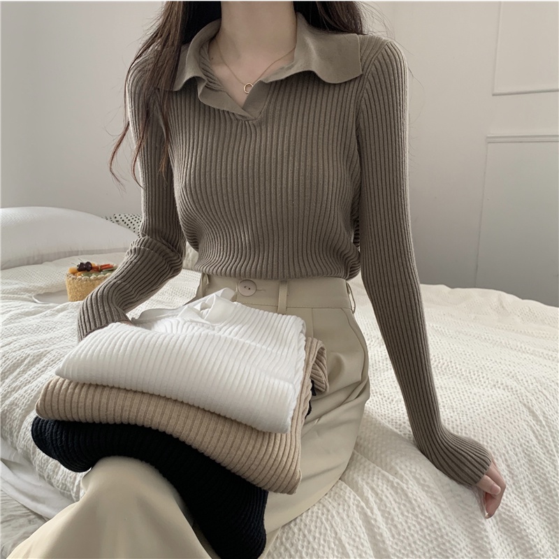 Áo len dệt kim polo dài tay mùa thu nữ dệt kim mềm