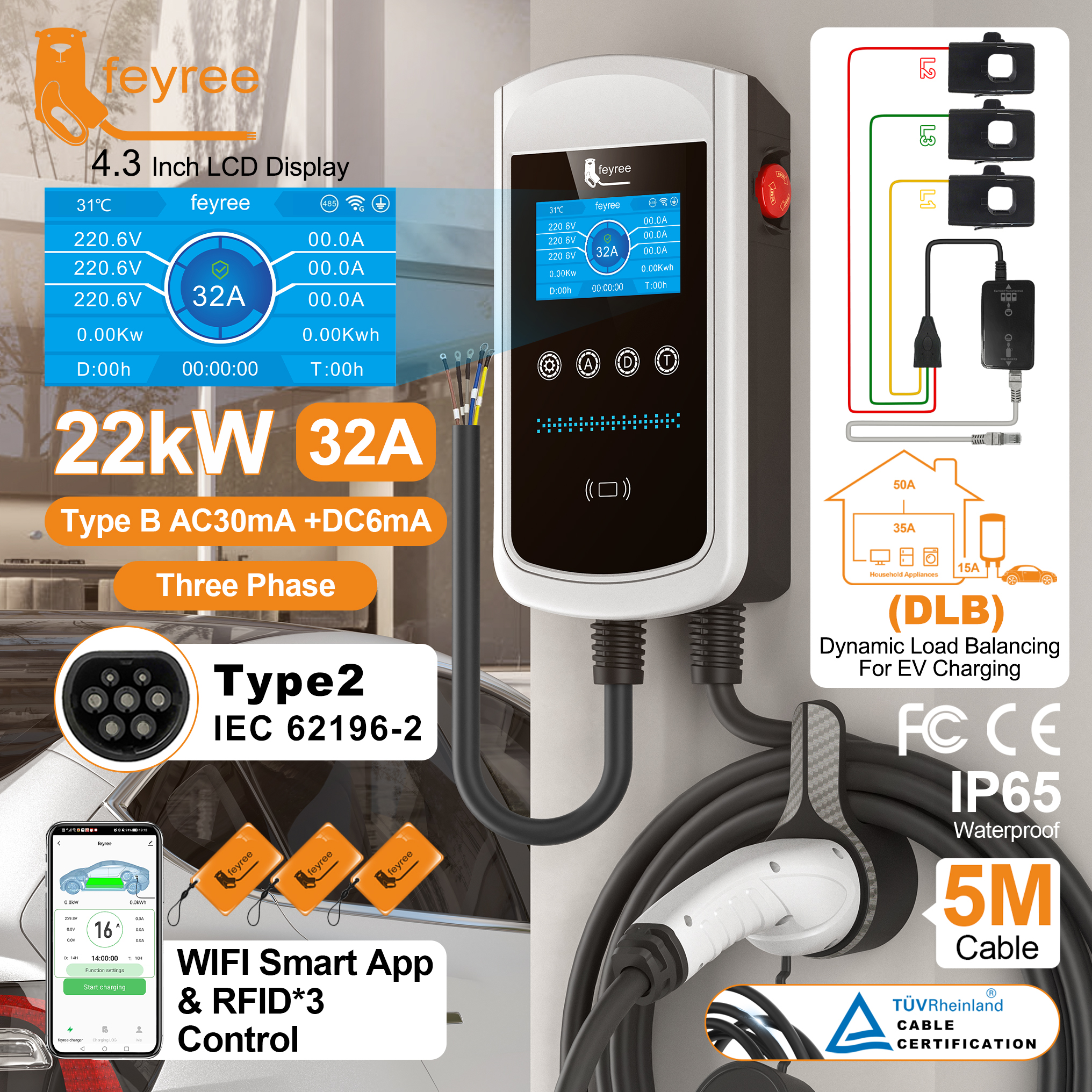 Feyree Type2 32A 7Kw 1P Dlb Ev Charger 4.3Inch Screen Dynamic Load Blancing 11Kw 22Kw 3P Evse Wallbox Station with Charging Log ราคา 10,261 บาท*ส่งฟรี