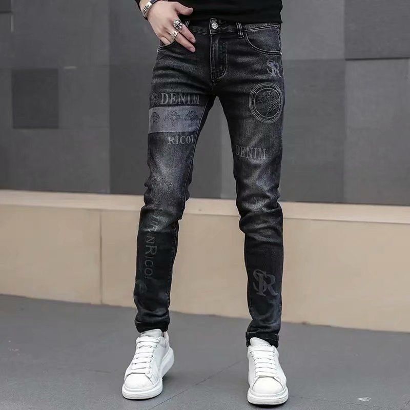  Mikejie phong cách nhà ga Châu Âu cao cấp quần jeans màu đen cho nam giới mùa thu và mùa đông thêu in ấn dáng ôm co giãn đa năng nhỏ quần tất cho nam giới 