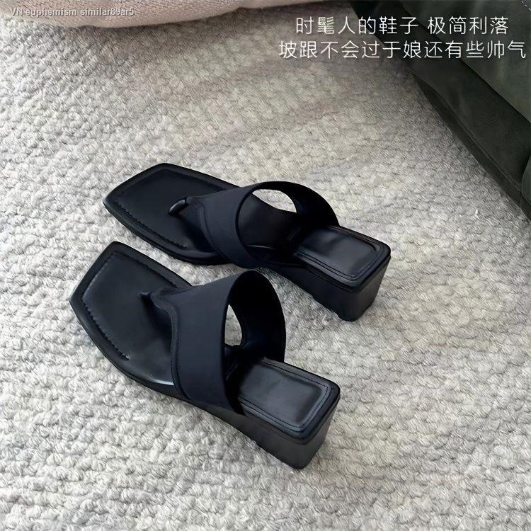 Full of high-end feel French soft leather wedge flip-flops for women’s niche outdoor wear thick-soled high-heeled square-toe sandals
