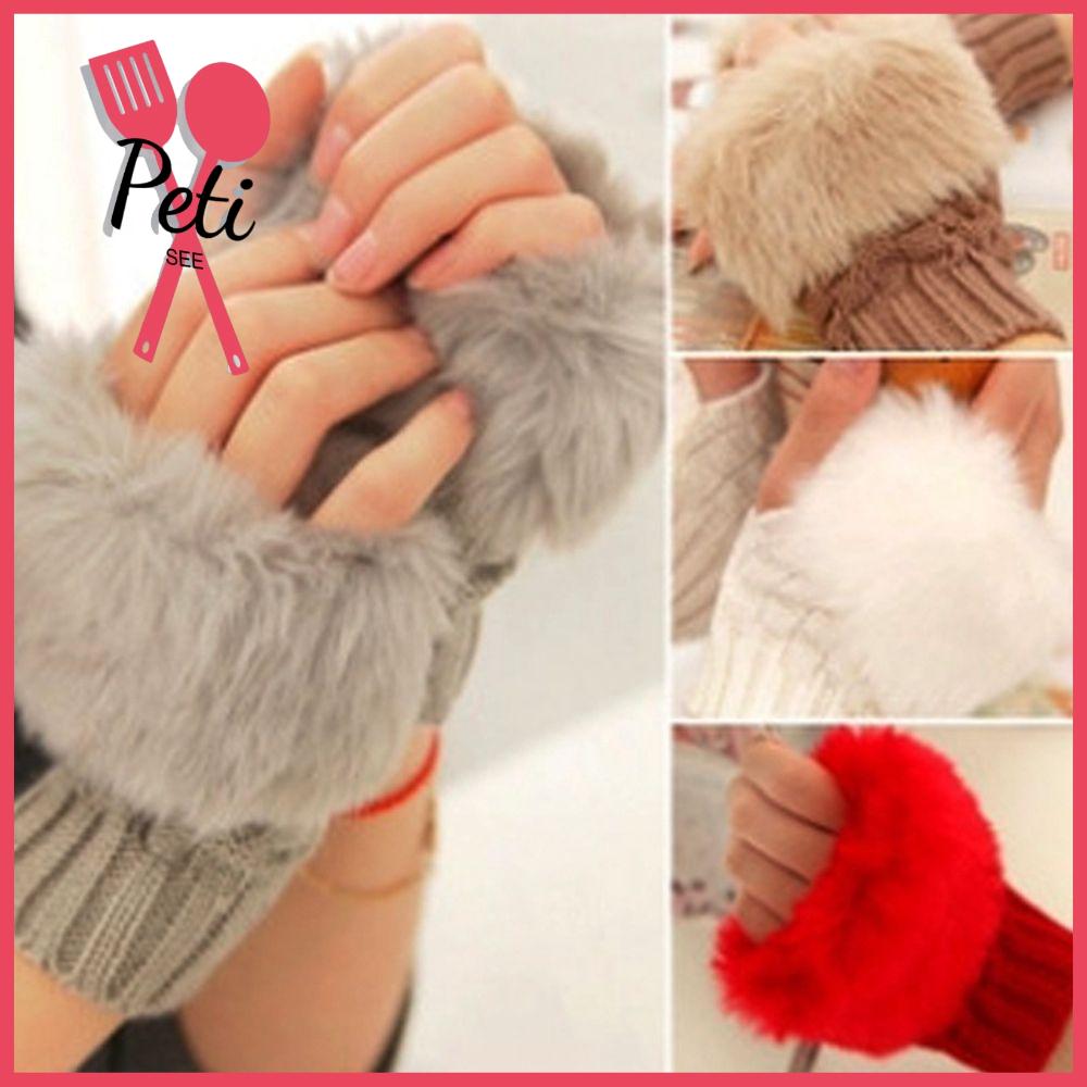 PETISEE Fashion Knitted Sheep Wool Couples Fingerless Mittens Faux Rabbit Fur Wrist Gloves Exposed Finger