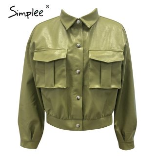 ZZOOI Simplee Casual faux leather jacket women Fashion green motorcycle pocket female leather coat High street short ladies jackets thumbnail