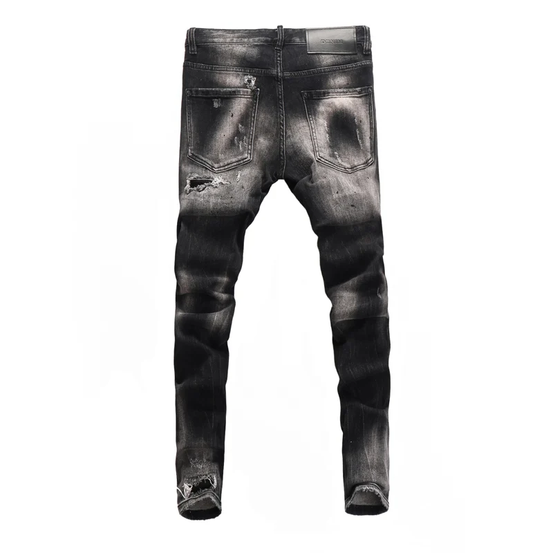 【A Popular】  Street Fashion Men Jeans Retro Black Gray Elastic Stretch Slim Fit Hole Ripped Jeans Men Patched Designer Hip Hop Brand Pants