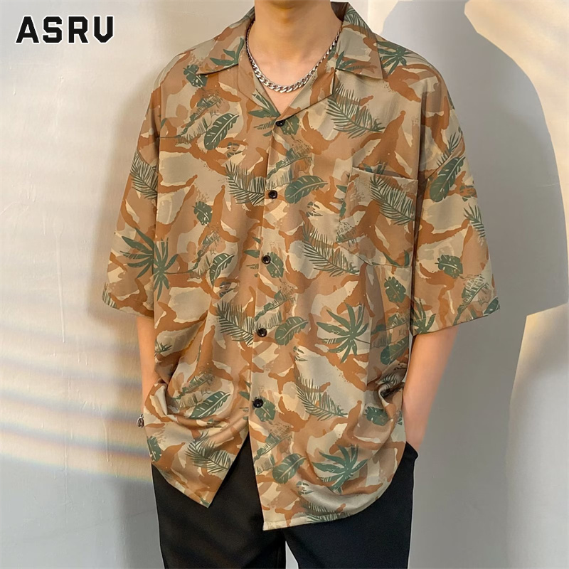 ASRV Men's beach resort style Hawaiian short-sleeved shirt V-neck printed loose buttoned short-sleeved shirt ราคา 161 บาท*ส่งฟรี