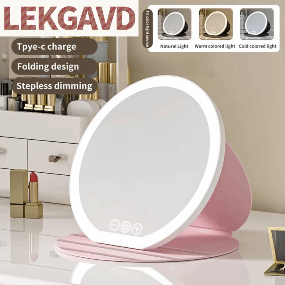 LEKGAVD กระจกทรงกลม กระจกแต่งหน้า LED ไฟ LED 3 สี เคสหนัง กระจกตั้งโต๊ะพร้อมไฟส่องสว่าง กะทัดรัด ไฟเติมแสง กระจกแต่งหน้าแบบพกพา การใช้งานบนโต๊ะ ราคา 815 บาท*ส่งฟรี