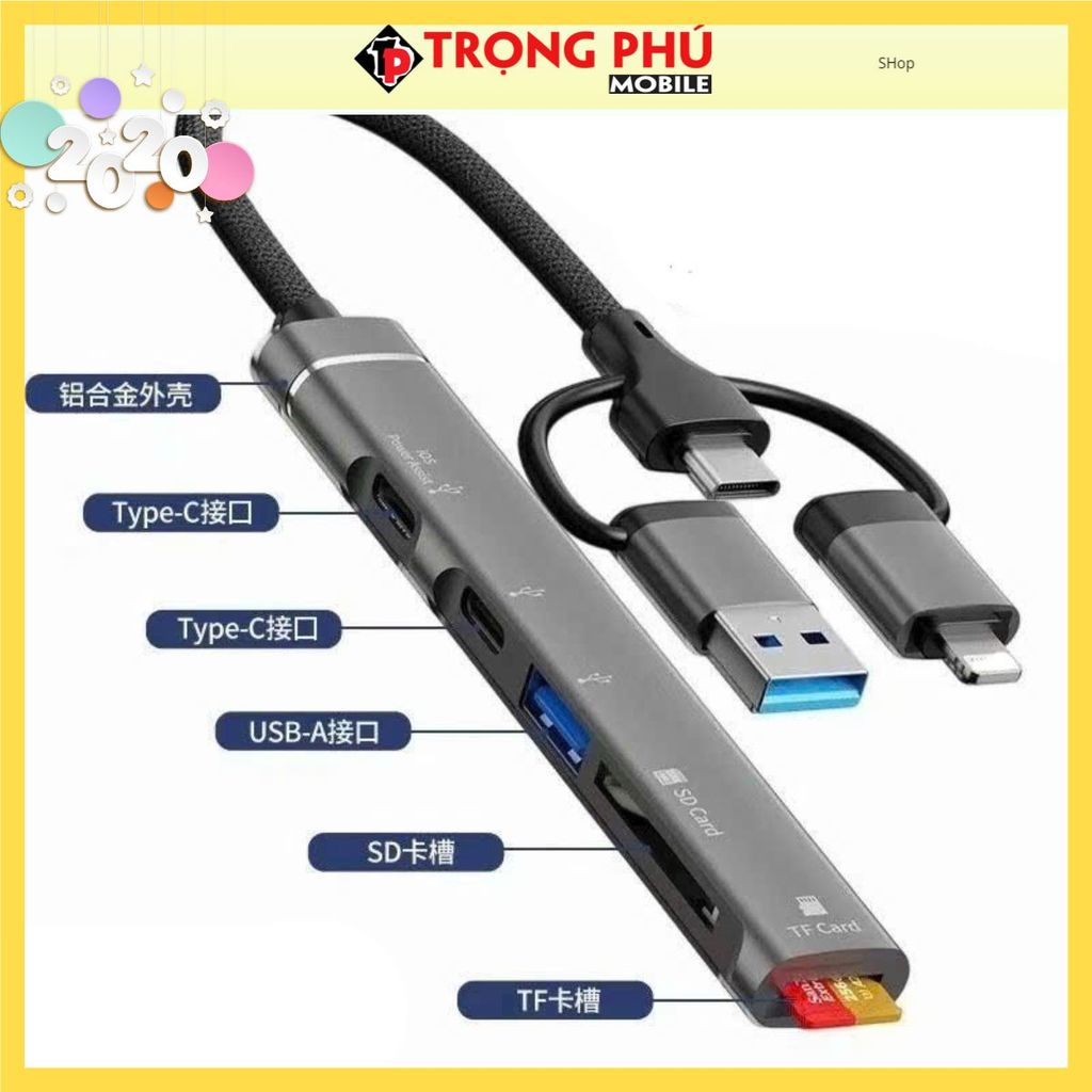 Cáp chuyển 3in1 3 đầu USB,TypeC,Lighting ra 5 cổng (USB,2TypeC,SD, TF) Shop