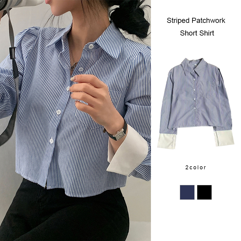 Striped Patchwork Short Shirt Commuting Versatile Shirt Women Long Sleeved Shirt ราคา 147 บาท*ส่งฟรี