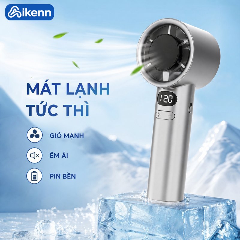 Aikenn Quạt cầm tay mini quạt sạc USB 120 mức gió pin 3600 dung lượng màn hình LED gió mạnh du lịch