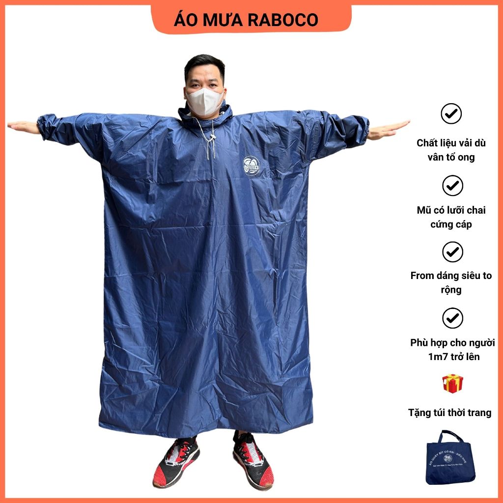 CỠ ĐẠI 1M6 Áo mưa bít nam, áo mưa người lớn bít chính hãng Raboco vải dù vân tổ ong siêu nhẹ chống thấm, chống rách