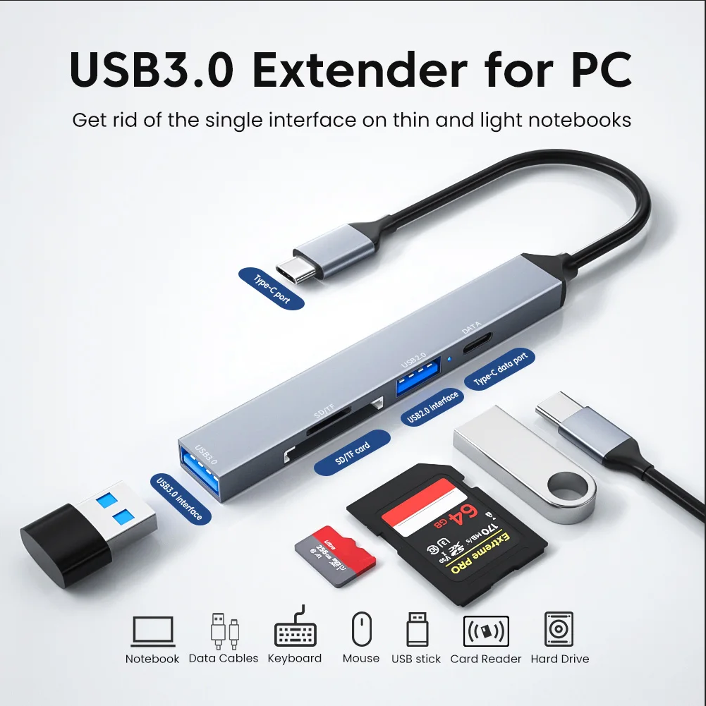5 trong 1 usb 3.0 bộ chia hub loại c bộ nhớ sd đầu đọc thẻ tf usb 2.0 usb c truyền dữ liệu otg bộ chuyển đổi cho laptop điện thoại di động máy tính bảng