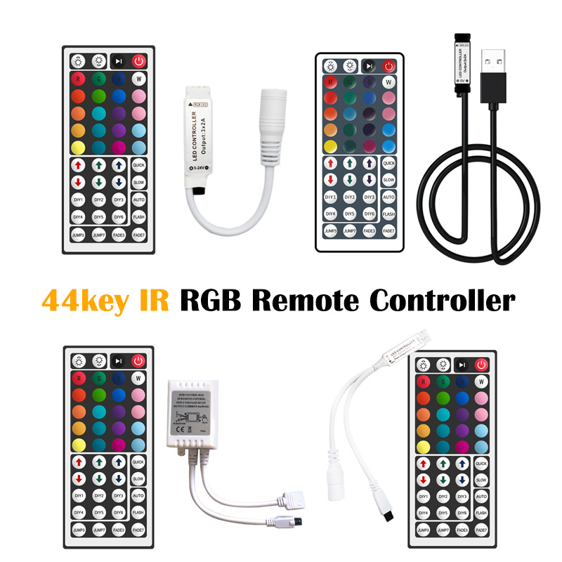 44 key rgb led controller controller singledual output connectors dc 12v 24v ir remote control for 5050 3528 2835 usb led strip light