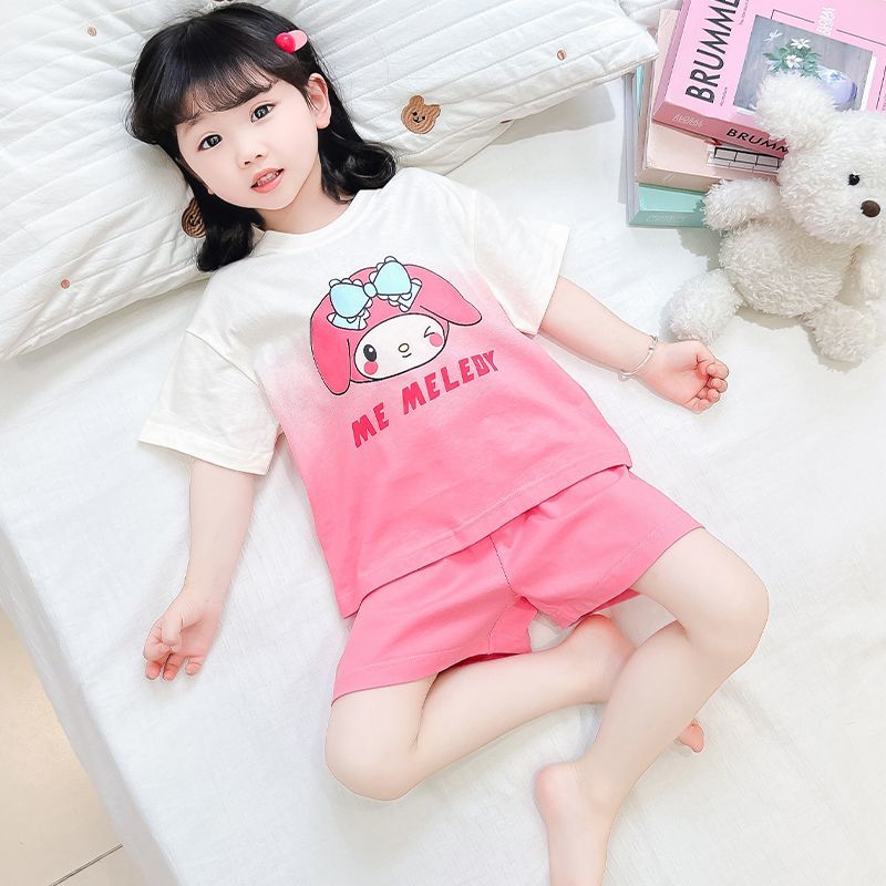 Mùa hè Sanrio Hello Kitty đồ ngủ trẻ em phù hợp với Anime kuromi cinnamoroll trẻ em tay ngắn thiết lập quần áo ngủ trẻ em nhà quần áo