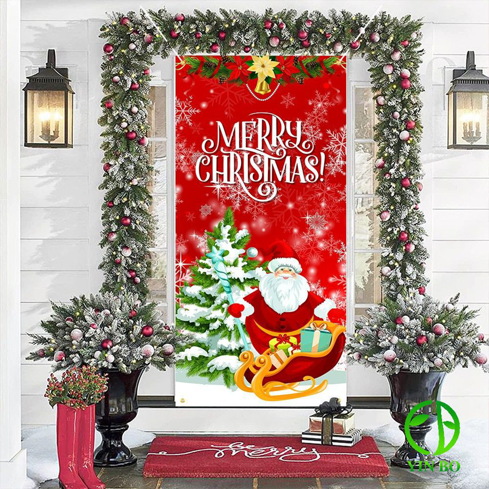 caosu Copper Hole Installation Santa Claus Door Decoration Merry Christmas Santa Claus Door Cover Decoration for New Year Party Supplies Festive Front Door Backdrop Banner