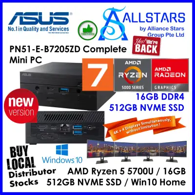 (ALLSTARS : We are Back / Mini PC Promo) ASUS PN51 series B7205ZD / PN51-E1-B7205ZD Complete Mini PC (AMD Ryzen 7 5700U / 16GB DDR4 3200MHz / 512GB Gen3 PCIE SSD / Intel WiFi6 / BT 5.0 / Windows 10 Home 64bit / Wireless KB+Mouse) (Warranty 3yrs Asus)