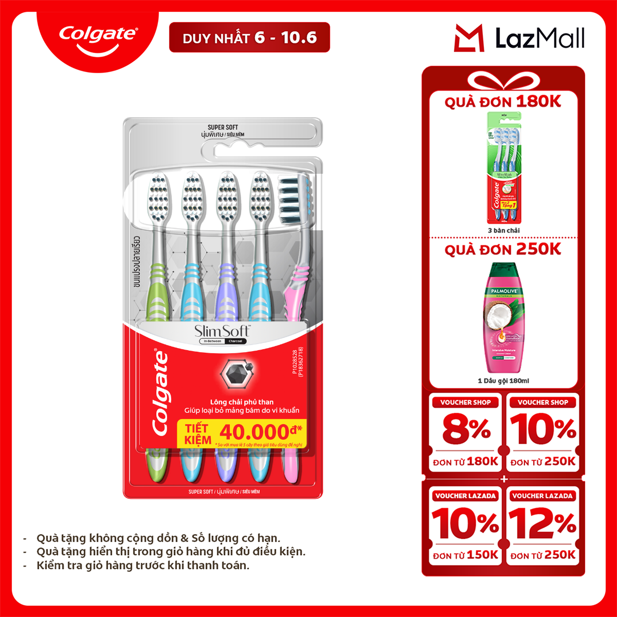 [Chỉ 6-10.6_X2 Voucher giảm 22%] Bộ 5 Bàn chải Colgate Slimsoft Between Charcoal lông chải mềm mảnh xen sợi phủ than hoạt tính