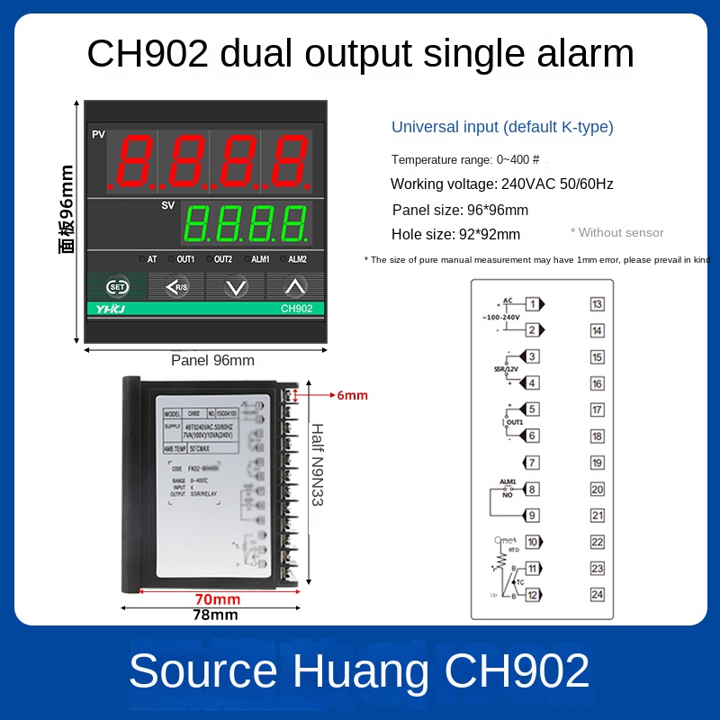 Bộ Điều Nhiệt CH902 vỏ ngắn | CH102/402/702/902 Nguồn Hoàng, PID 1300°C, 250V/10A, 4-20mA, Đơn/Đôi Báo Lỗi, Xanh/Đen, Công Nghiệp