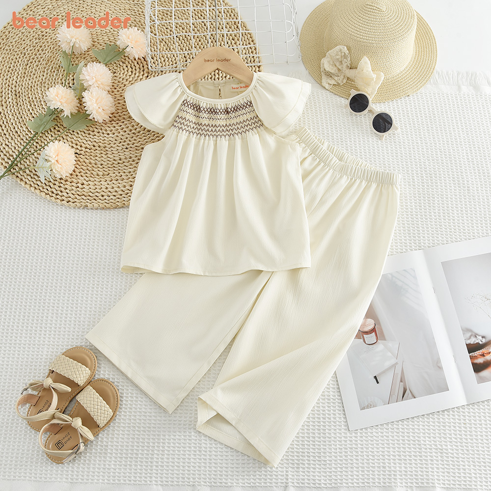 {fghjghj} Bear Leader Summer Solid Color Flying Sleeves Girls Clothes Suit Korean Version Wavy Line T-shirt Tops + Pants Two-piece Set 3-7 Years Kids Outfits Casual Plain Clothing