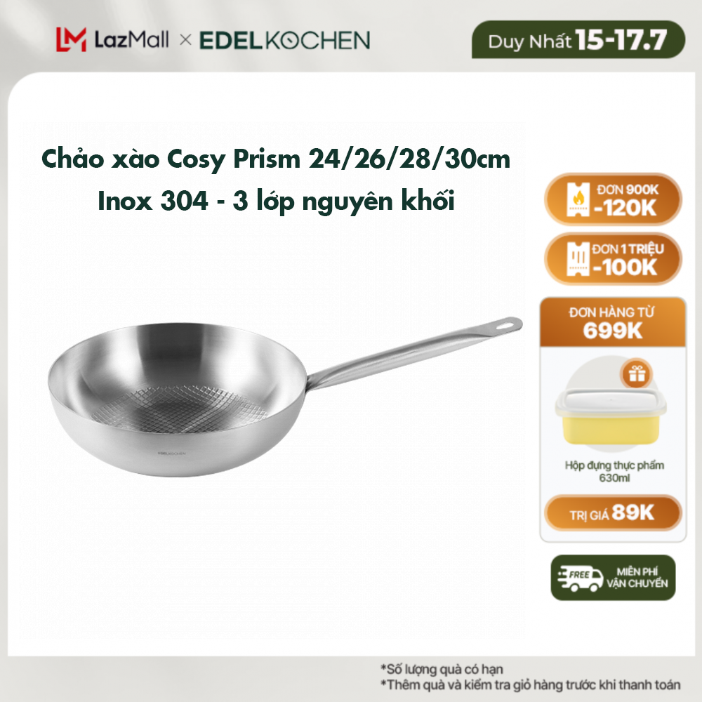Chảo xào inox 3 lớp nguyên khối Edelkochen Cosy Prism Collection 24/26/28/30cm