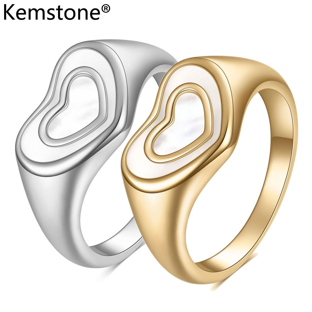 Kemstone Stainless Steel Shell Inlaid Double Heart Women's Rings Gold Plated Jewelry ราคา 168 บาท*ส่งฟรี