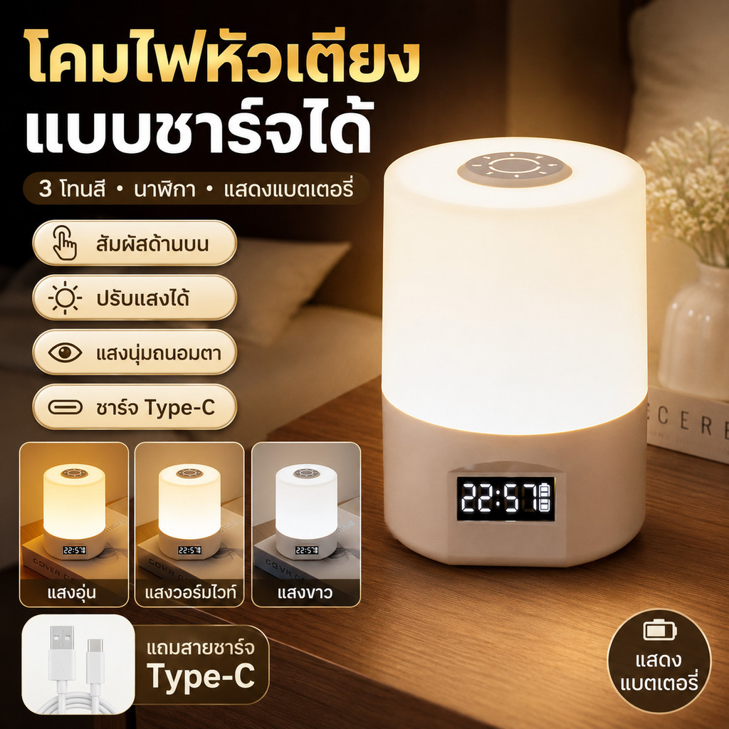 โคมไฟหัวเตียง LED แบบชาร์จได้ ระบบสัมผัส 3 โทนสี ปรับความสว่าง ชาร์จ Type-C มีรุ่นนาฬิกาและหน้าจอแสดงแบตเตอรี่ สำหรับห้องนอน หอพัก และโต๊ะอ่านหนังสือ ราคา 139 บาท*ส่งฟรี