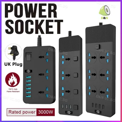 UK Extension Plug 3000W Multi Plug Power Strip with USB Ports 3/6 AC Outlet