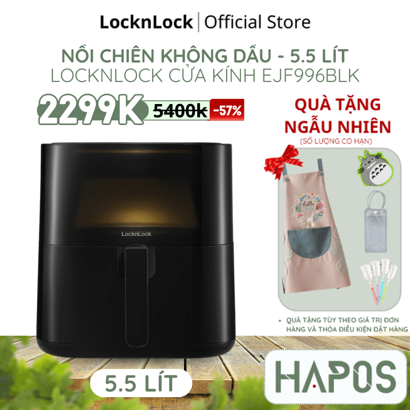 Nồi chiên không dầu Lock&Lock Visible air fryer CUBE 5.5L cửa sổ trong suốt - EJF996BLK - HAPOS