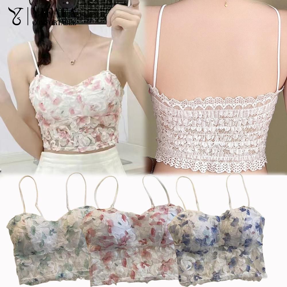 Fragmented Floral Suspender Lace Exposed Navel Top Rose Bra Beautiful Back Seamless Chest Pad Sweet Summer Beach Girl Camisole ราคา 23 บาท*ส่งฟรี