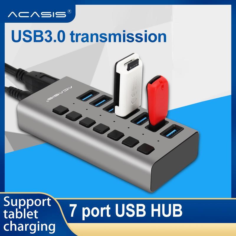 ACASIS USB Hub 3.0 High Speed 7 Port USB 3.0 Hub Splitter On/Off Switch with EU/US Power Adapter for MacBook Laptop PC