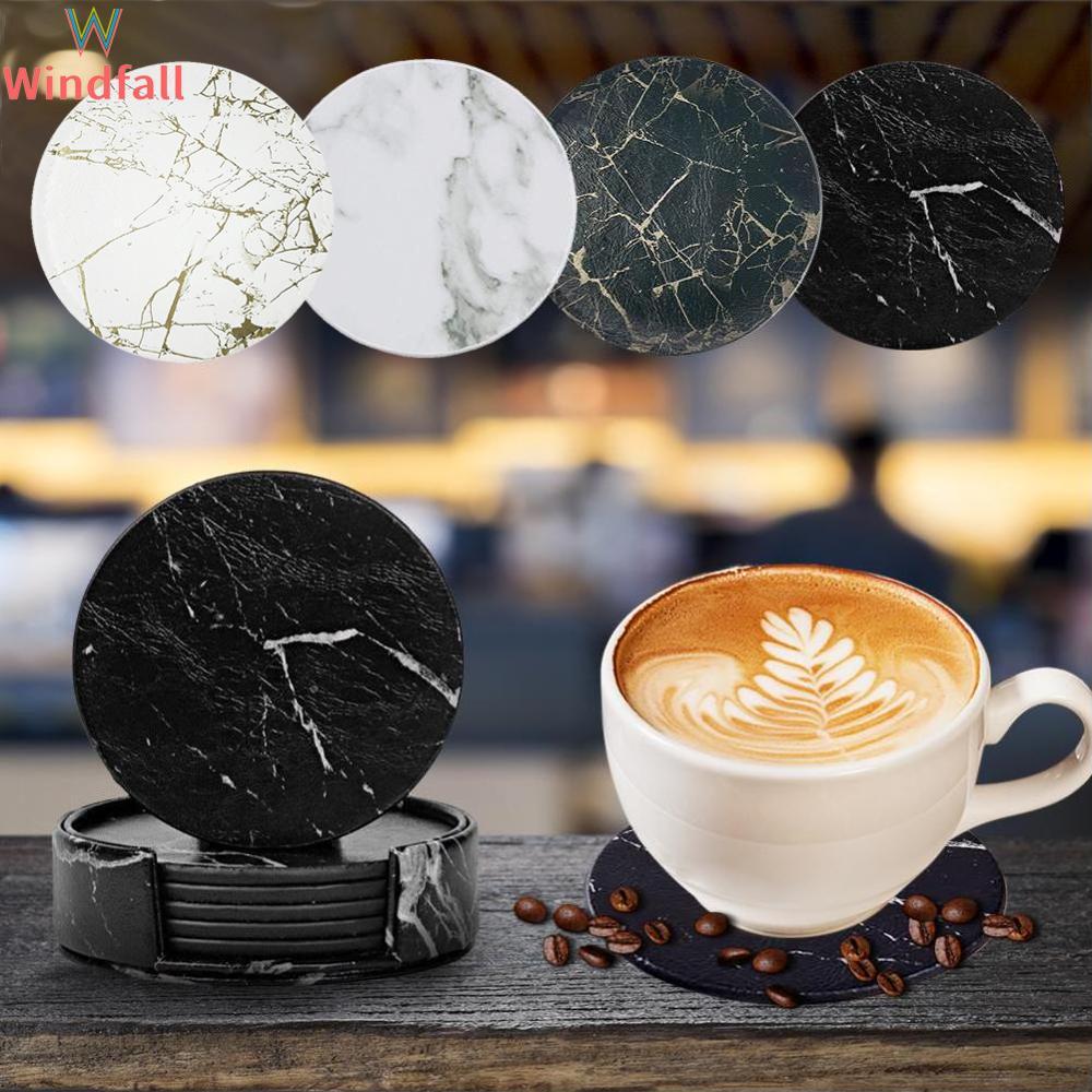 WF 1Pc/7Pcs Artificial Leather Marble Coaster Drink Coffee Cup Mat Table Placemats Round Heat-resistant Tea Pad Table Pad Holder