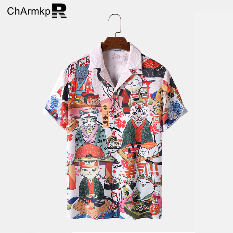 UKH Medussa charmkpr người đàn ông của Nhật Bản in hình mèo tay ngắn Tops Áo sơ mi 1217