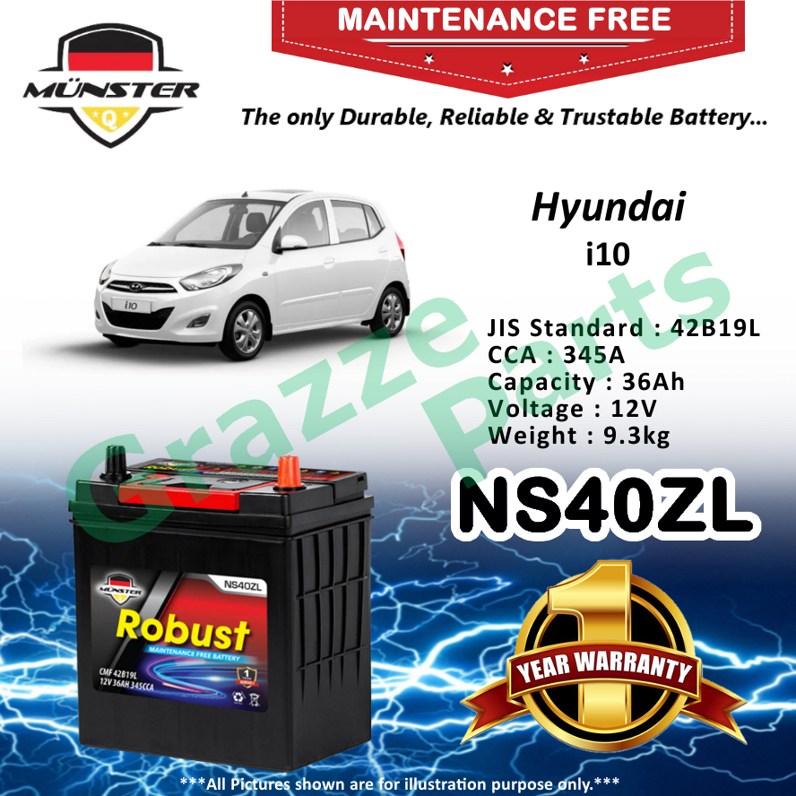 Mnster Robust MF CMF NS40 | NS40ZL | 42B19L (36AH) Car Battery Bateri Kereta for Hyundai i10 I10