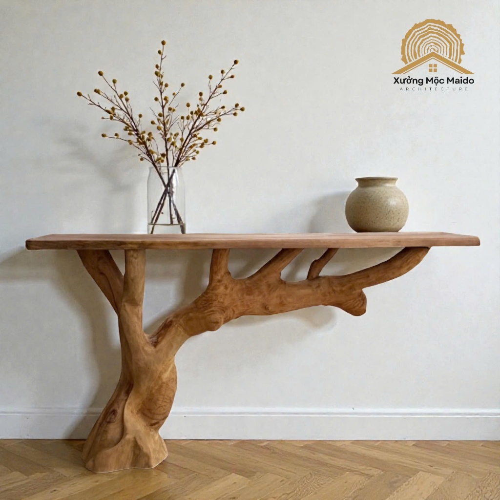 Bàn Console Gỗ Tràm Chân Gốc Cây Uốn Lượn – Bàn Áp Tường Thân Cây Tự Nhiên – Xưởng Mộc Maido