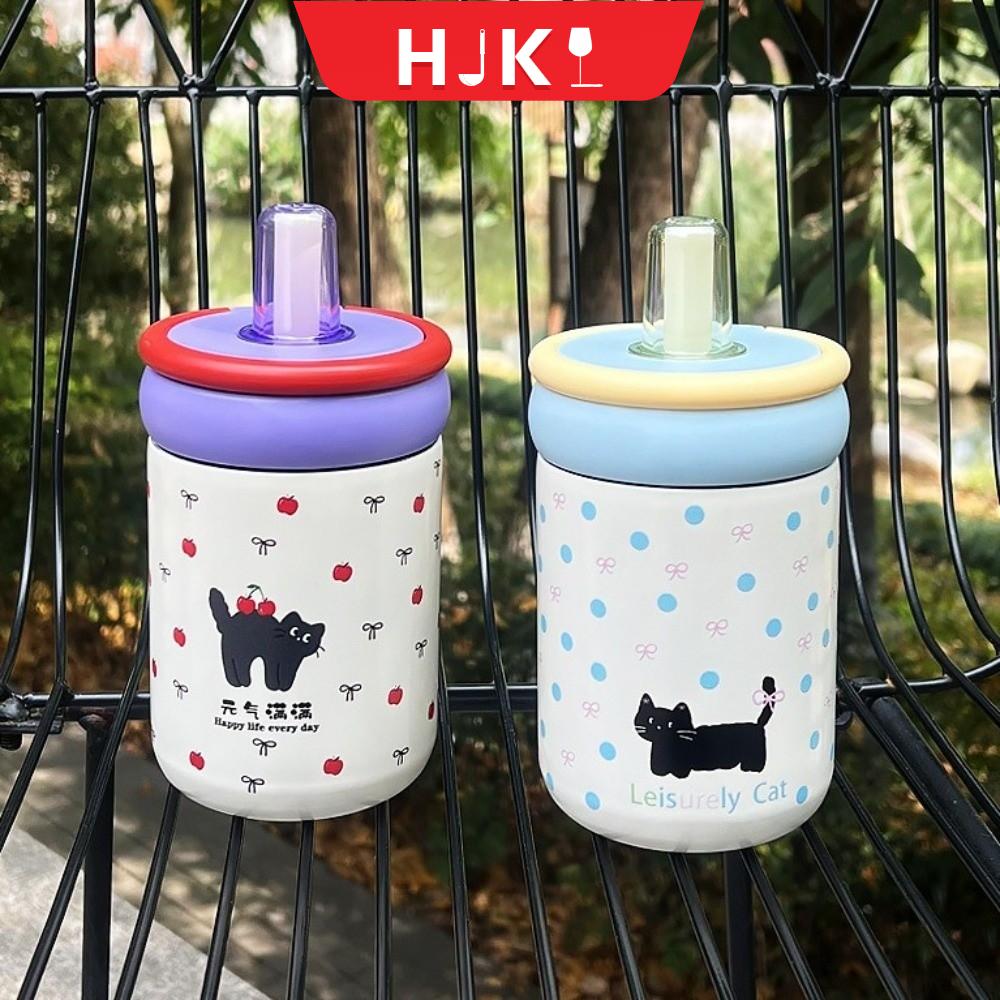 HJKL 500ml Cốc nước cách nhiệt Thép không gỉ 316 Chống rò rỉ Bình giữ nhiệt có tay cầm Chống rơi Mèo đen Bình giữ nhiệt Dành cho cô gái