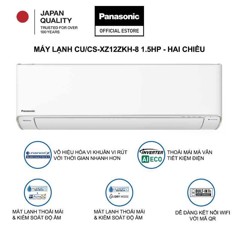 [CHỈ GIAO MIỀN BẮC] [Trả góp 0%] [Chỉ giao miền Bắc] Máy lạnh/Điều hòa Panasonic Inverter CU/CS-XZ12BKH-8 - 1.5HP - Hai chiều - Eco AI - Lọc sạch không khí NanoeX - Wifi - Hàng chính hãng