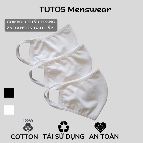 Set 3 Khẩu Trang Vải Thun TUTO5 Menswear KT02  - Khẩu Trang Vải Đen Cotton Dệt Kim 2 Lớp Kháng Khuẩn, Tái Sử Dụng
