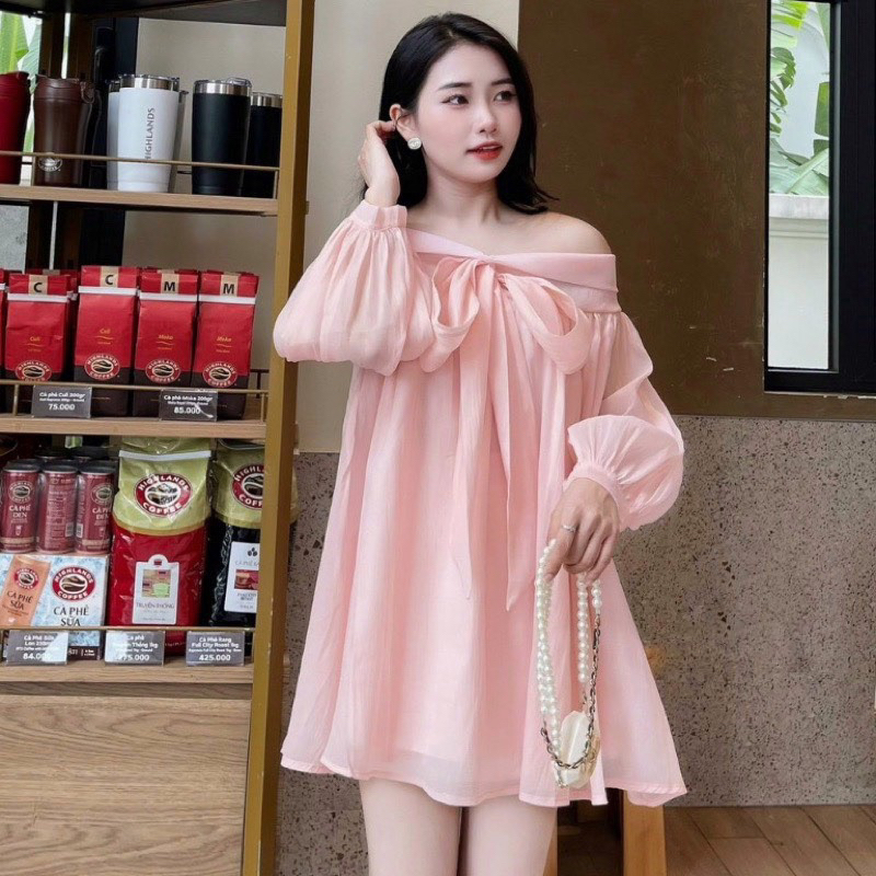 Đầm Babydoll Trễ Vai đính Nơ Tay Bồng Chất Voan Tơ 2 Lớp Nâu Trắng Hồng, Váy Công Chúa Hở Vai đi Chơi Dự Tiệc Tiểu Thư ASEE STORE