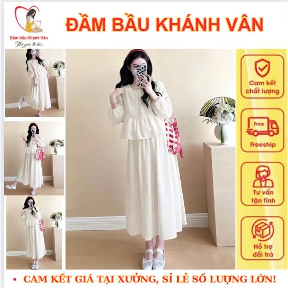 Set Váy Đầm Bầu Thu Dài Tay Chất Liệu Tơ Tằm 2 Lớp Sang Chảnh, Bộ Đồ Bầu Công Sở Trắng Kem Đi Làm Đi Chơi Hàng Thiết Kế
