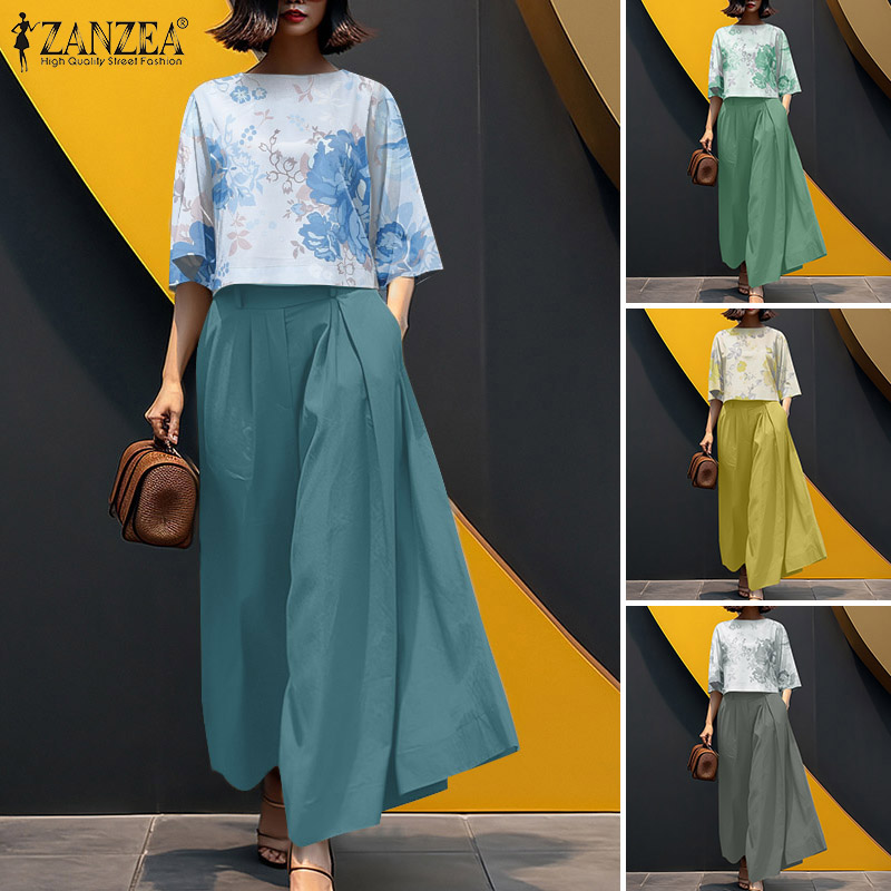 Esolo ZANZEA Women Elegant Two-piece Outfits Floral Print 3/4 Sleeve Top Trousers Holiday Casual Sets #0317 ราคา 430 บาท*ส่งฟรี