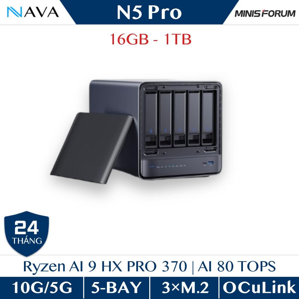 Minisforum Ai Nas N5 Pro Ryzen Ai 9 Hx Pro 370 12C/24T Ddr5 - 5600 Ecc 128Gb Miniscloud 3Ssd 5Hdd 10Gbe + 5Gbe Nas
