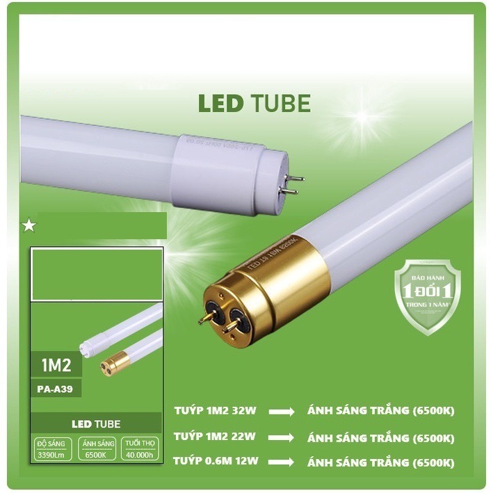 Bóng đèn led tuýp T8 1m2 - 0,6m công suất 12W - 22W - 32W - 40w ánh sáng trắng và Máng đèn đơn/ đôi